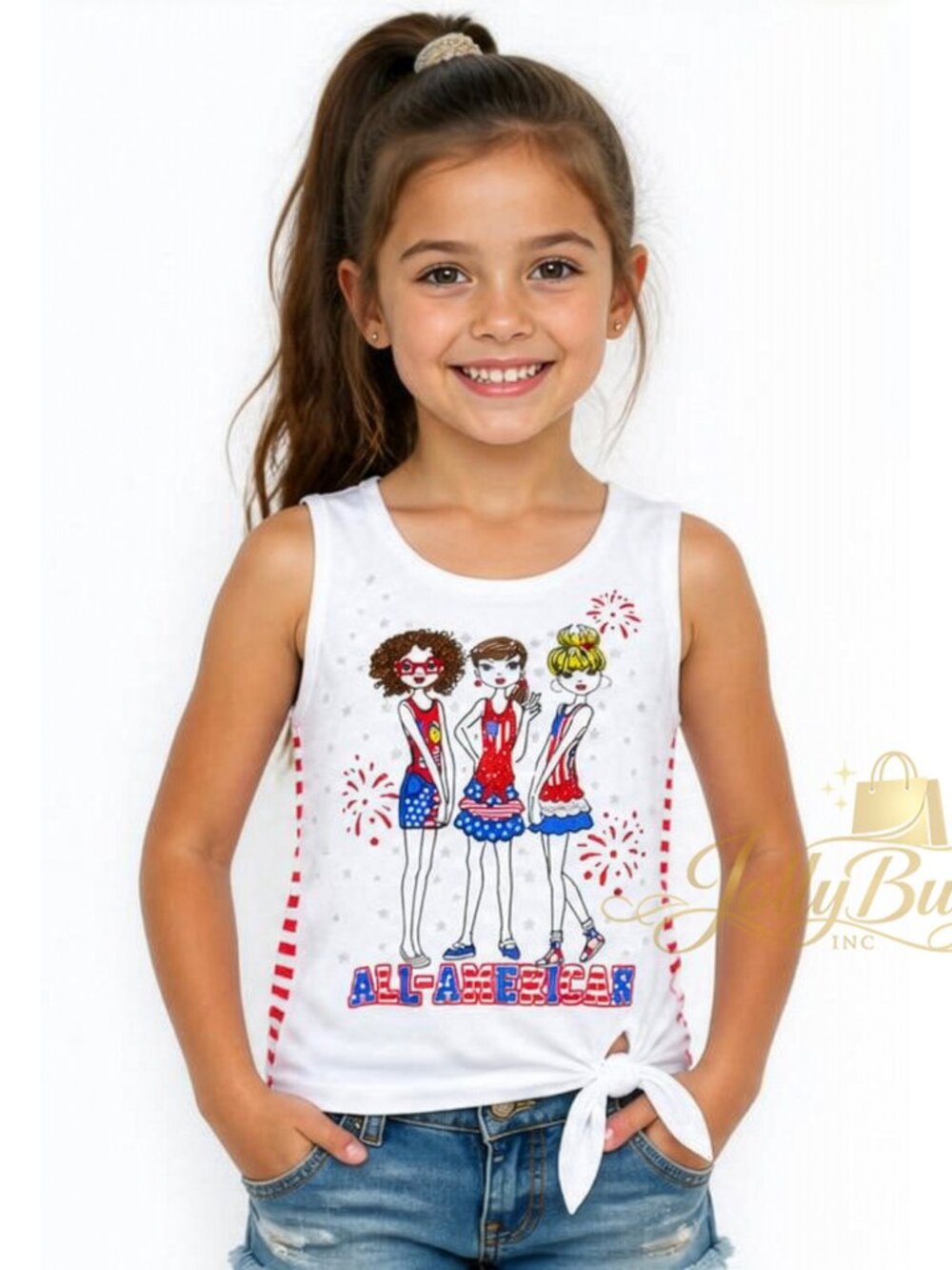 Graphic Tie Tank Girls' All-American Besties BFFS Glitzy Top T-Shirt